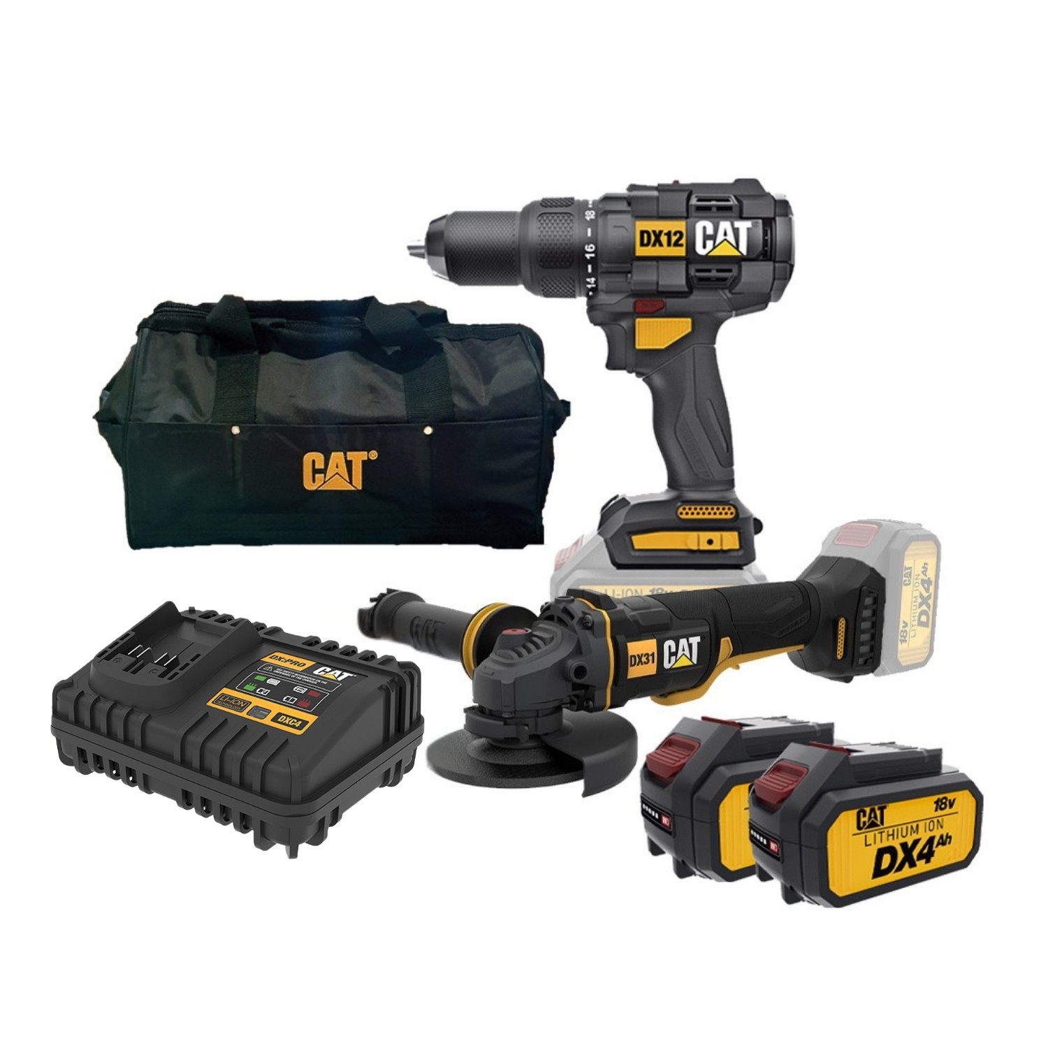 CAT Combo-08 Δραπανοκατσάβιδο κρουστικό DX12B + γωνιακός τροχός μπαταρίας 125mm DX314B + τσάντα εργαλείων χεριού DA42001 + δώρο 2 μπαταρίες 4.0Ah DXB4 +  δώρο φορτιστή DXC4